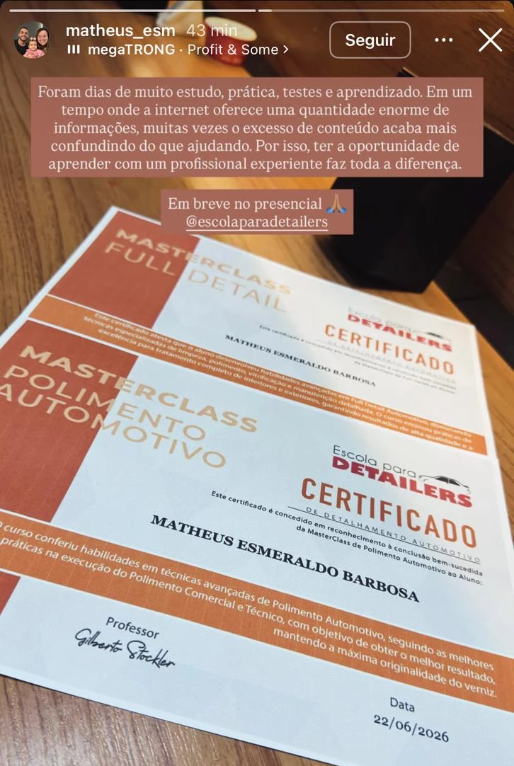 Depoimento: aluno com os certificados de Polimento e Full Detail concluídos